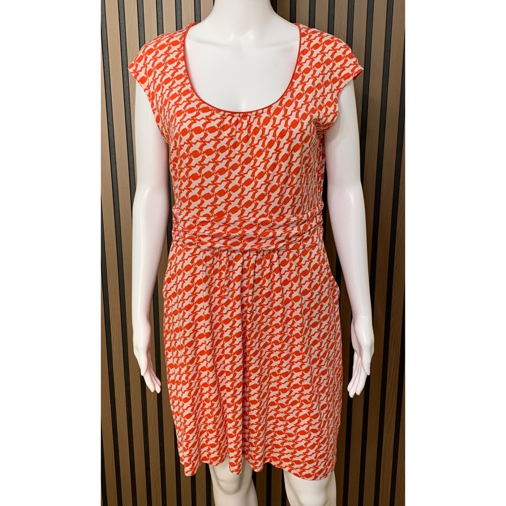 Boden Orange White Bird Print Jersey Dress Pockets US 10P UK 14P Classic